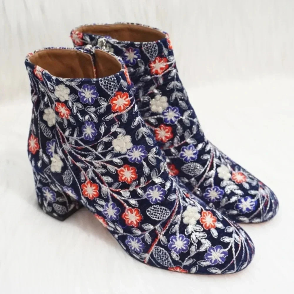 Aquazzura Brooklyn Flower Embroidered Velvet Bootie Navy 8.5